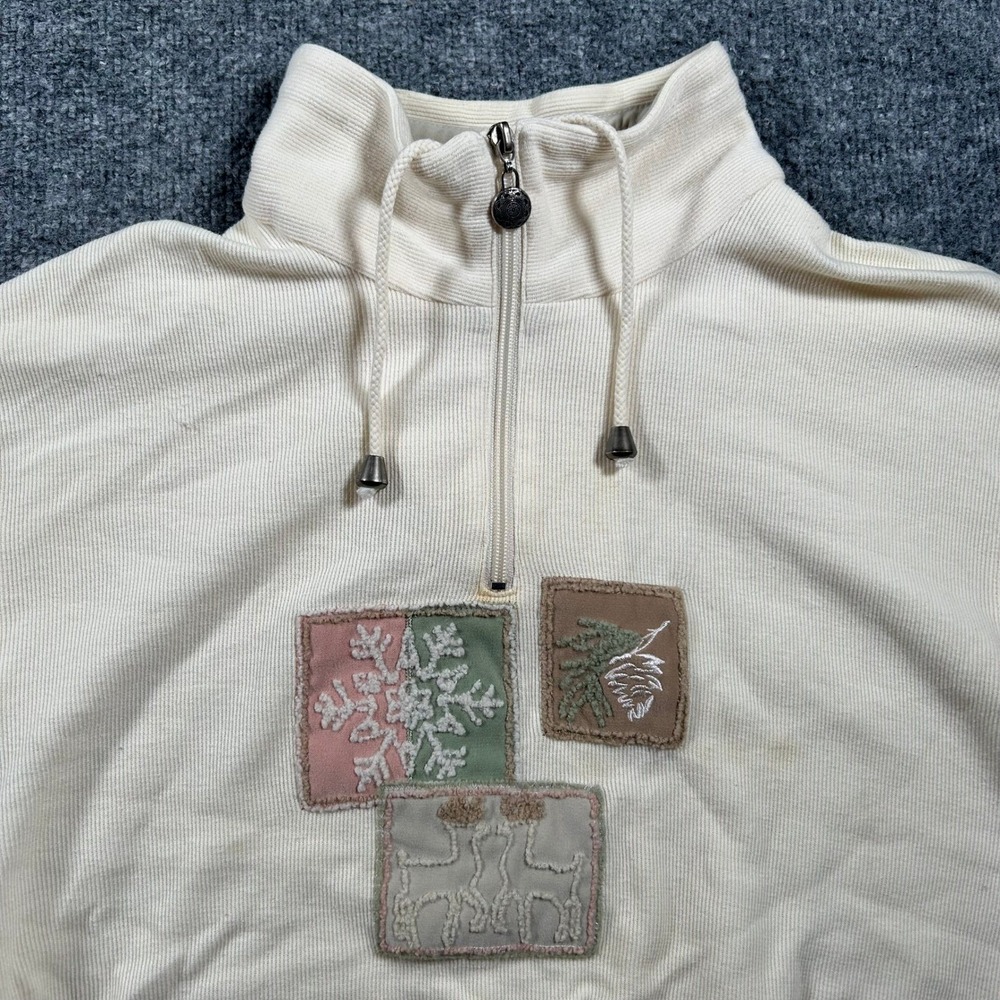 Monterey by Koret Sweatshirt Womens Size L Cream 1/4 Zip Ribbed Holiday Graphic